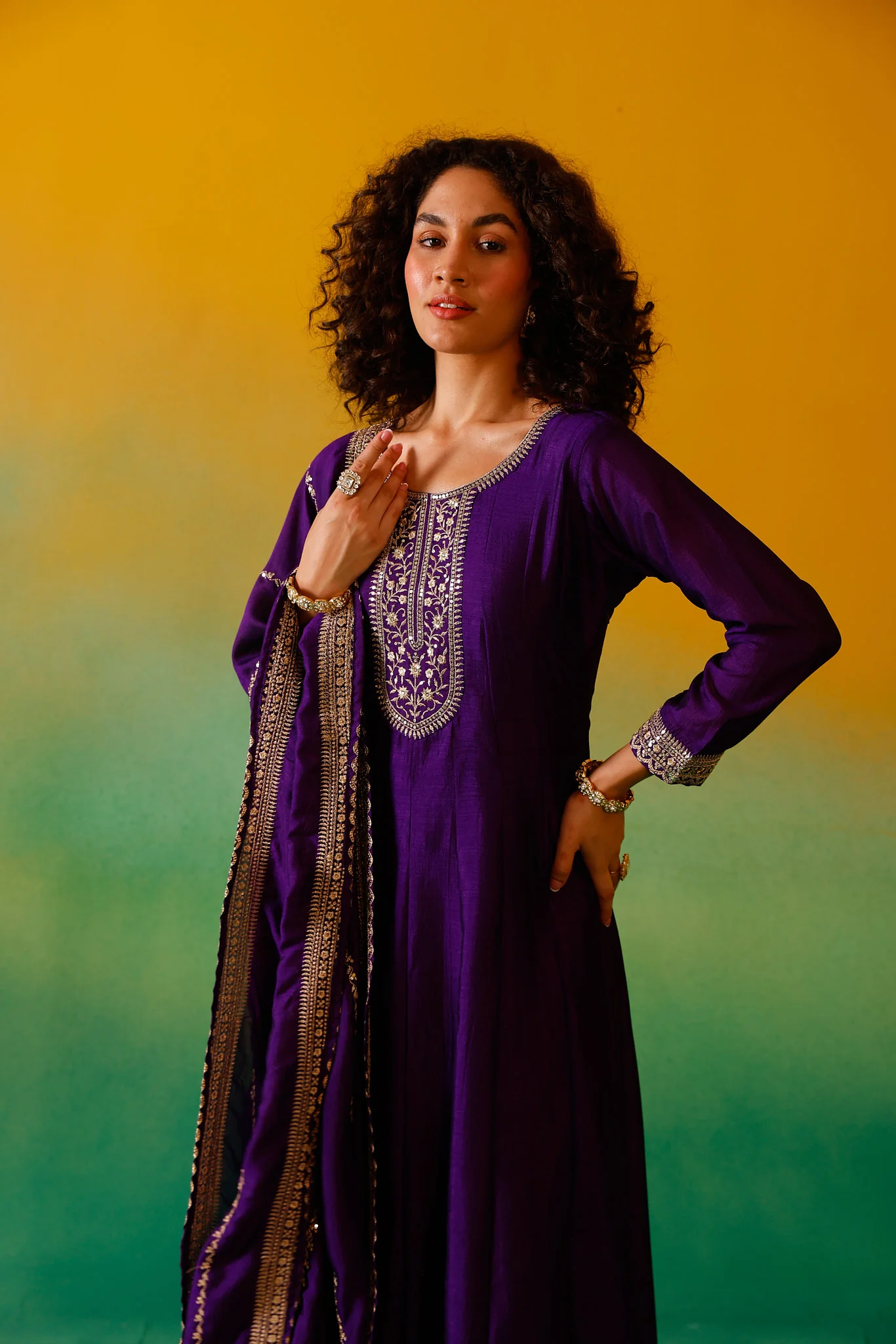 Neerus Purple Embroidery Vichitra Silk Fabric Anarkali Trouser and Dupatta - Image 10