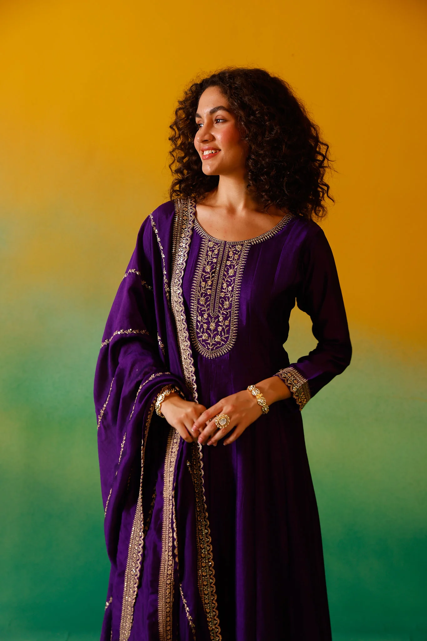 Neerus Purple Embroidery Vichitra Silk Fabric Anarkali Trouser and Dupatta - Image 11