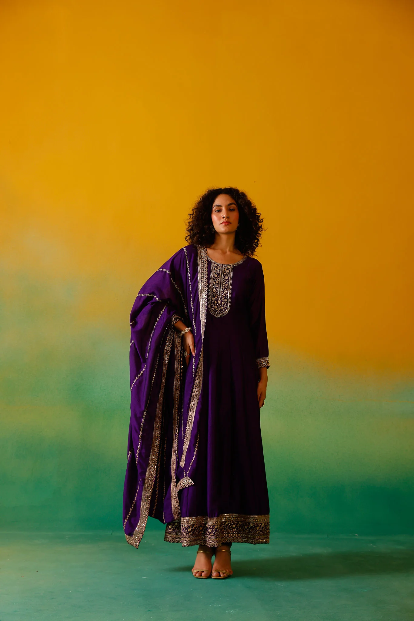 Neerus Purple Embroidery Vichitra Silk Fabric Anarkali Trouser and Dupatta - Image 5
