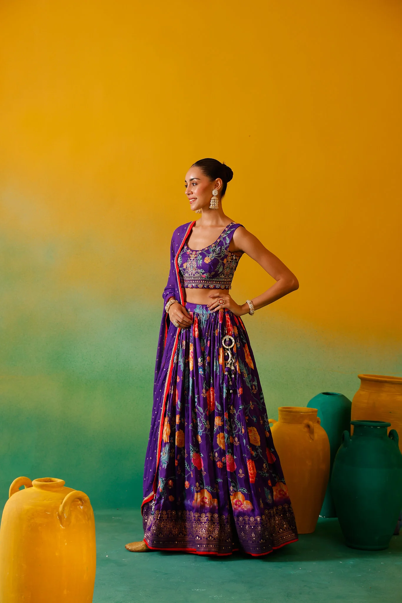 Neerus Purple Embroidery work Silk Fabric Ghagra Set - Image 4