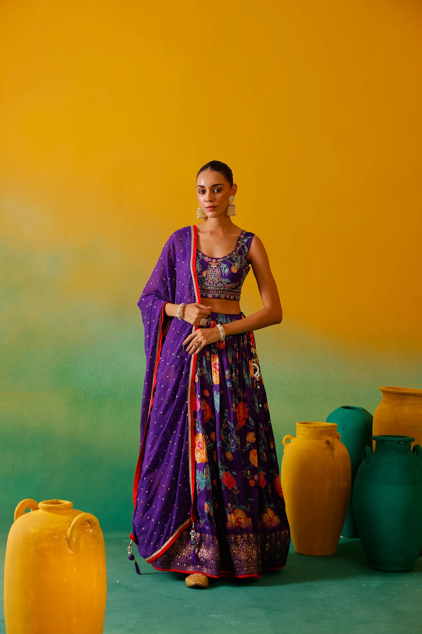 Neerus Purple Embroidery work Silk Fabric Ghagra Set - Image 6