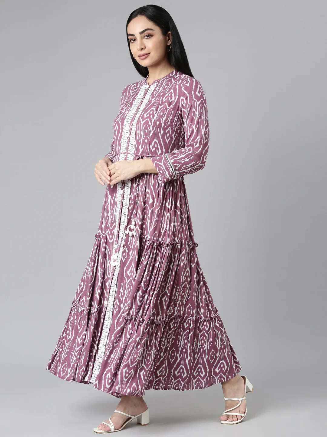 Neerus Purple Flared Casual Ethnic Motifs Maxi Dresses - Image 2