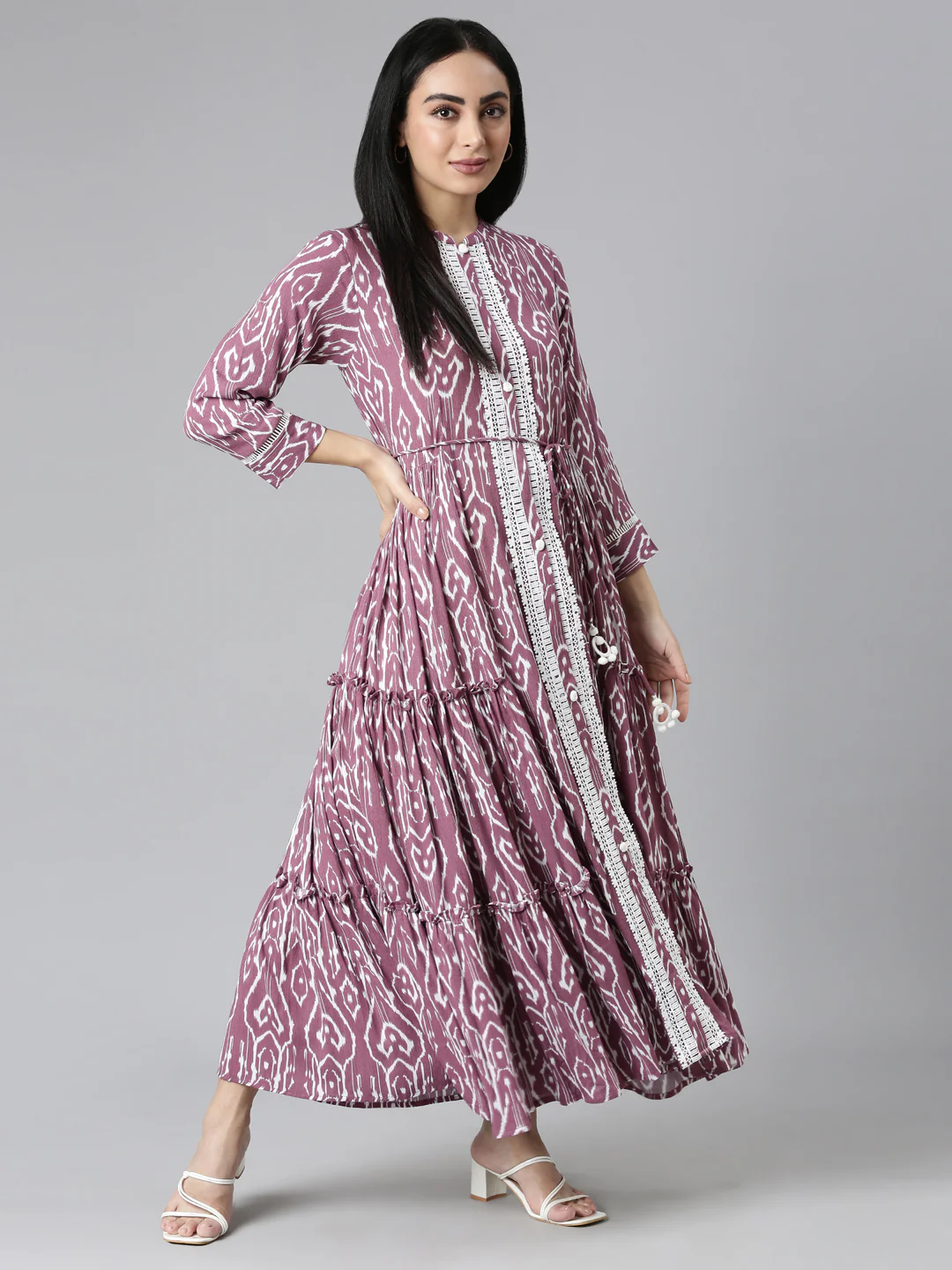 Neerus Purple Flared Casual Ethnic Motifs Maxi Dresses - Image 5
