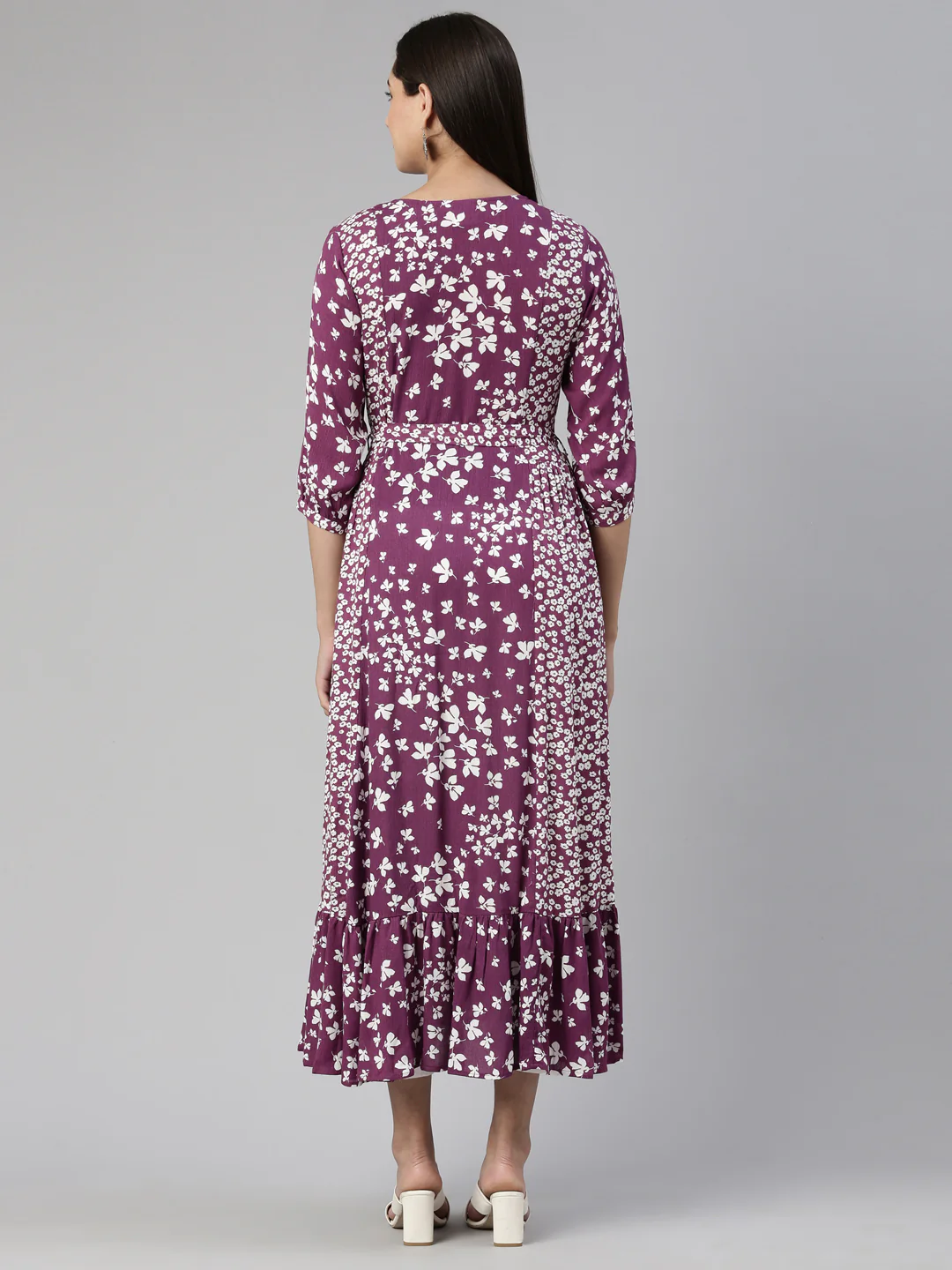 Neerus Purple Floral Keyhole Neck Chiffon Ethnic A-Line Midi Dress - Image 3