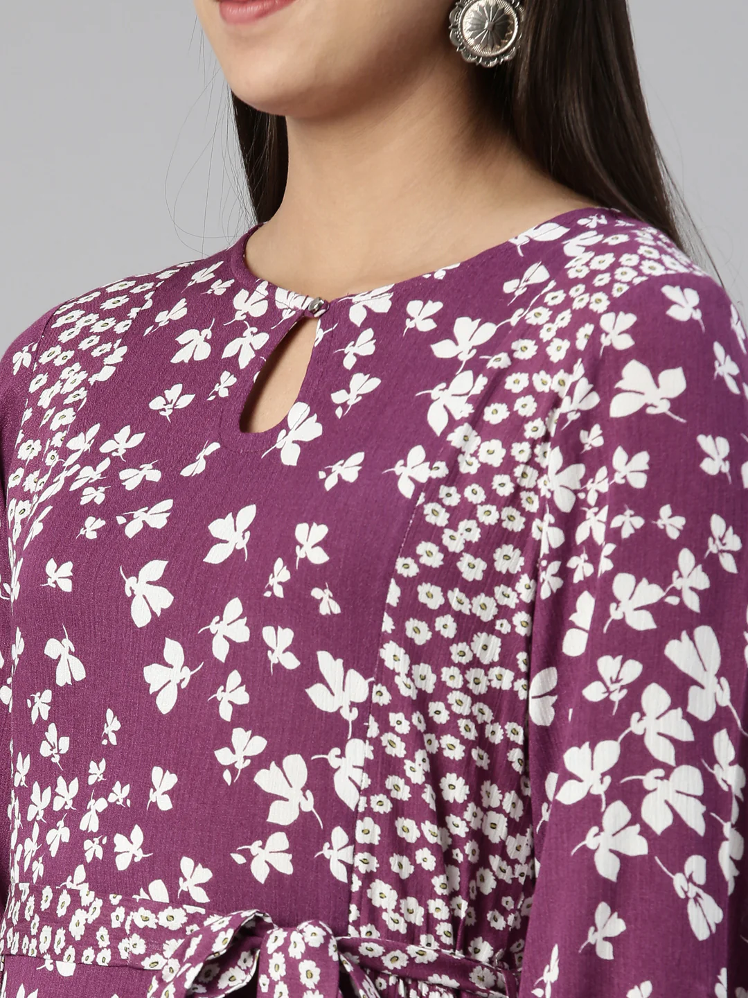 Neerus Purple Floral Keyhole Neck Chiffon Ethnic A-Line Midi Dress - Image 4