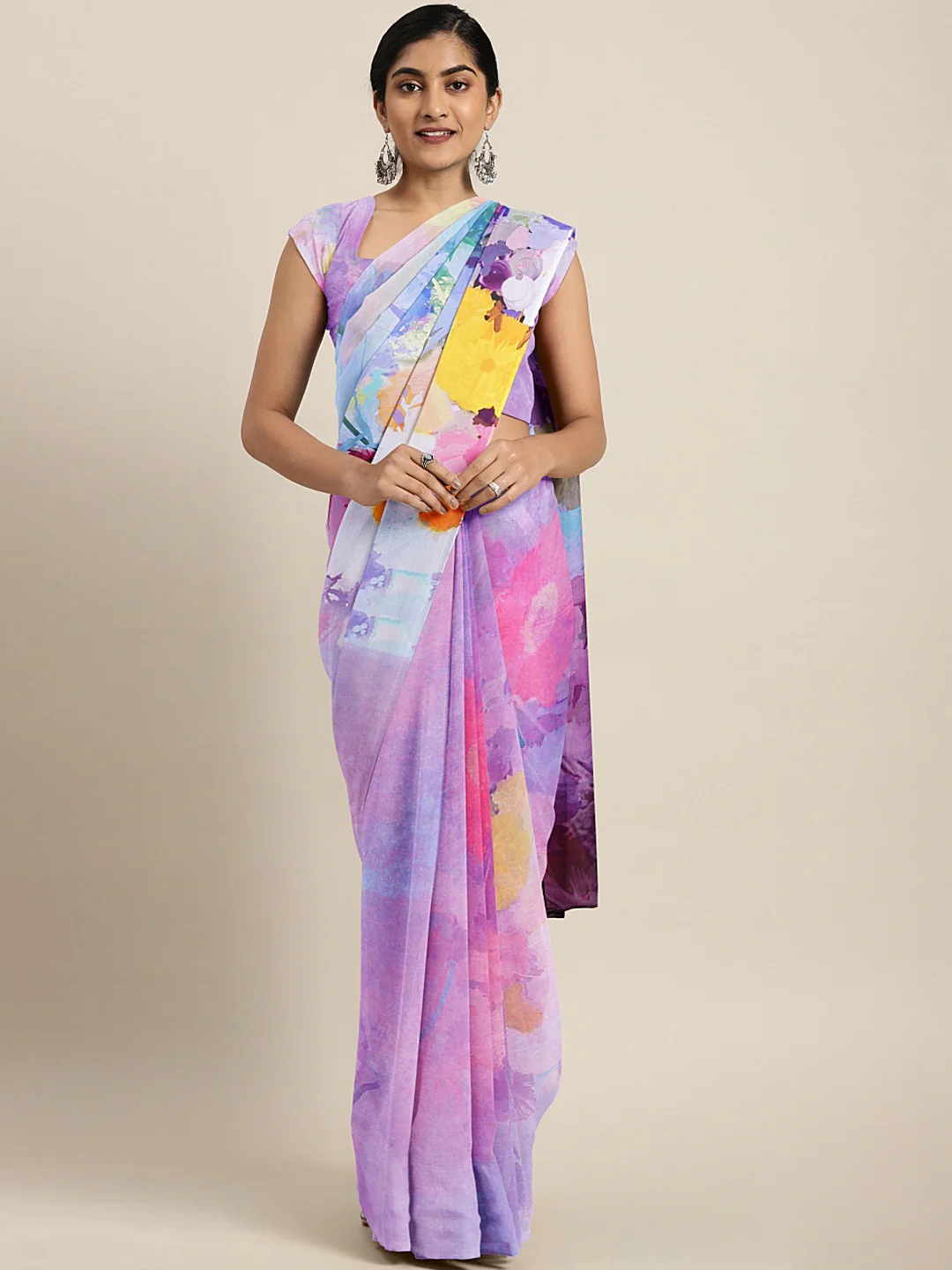 Neerus Purple Floral Printed Poly Crepe Saree