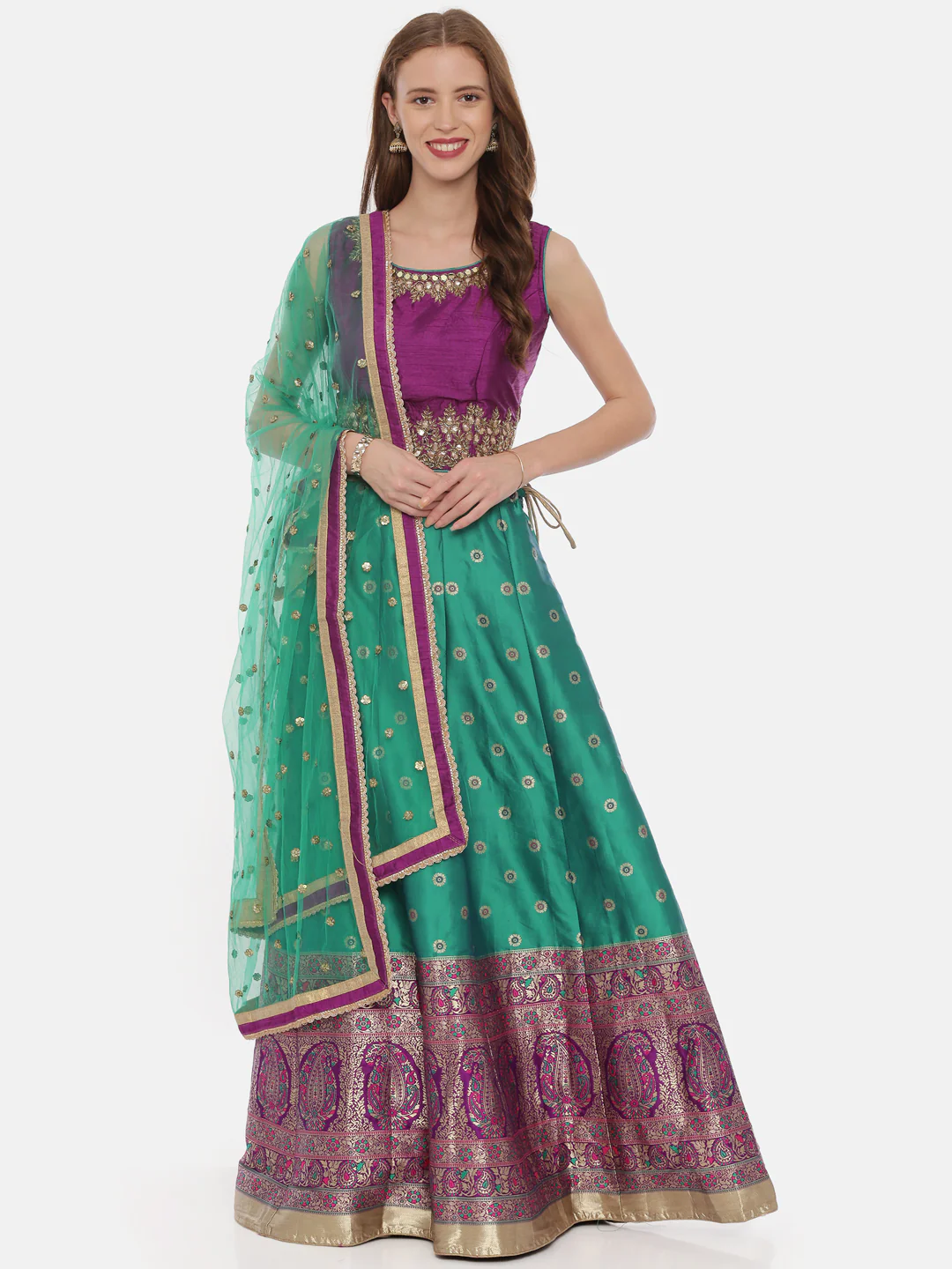 Neerus Purple Green Color Banaras Fabric Ghagra Set