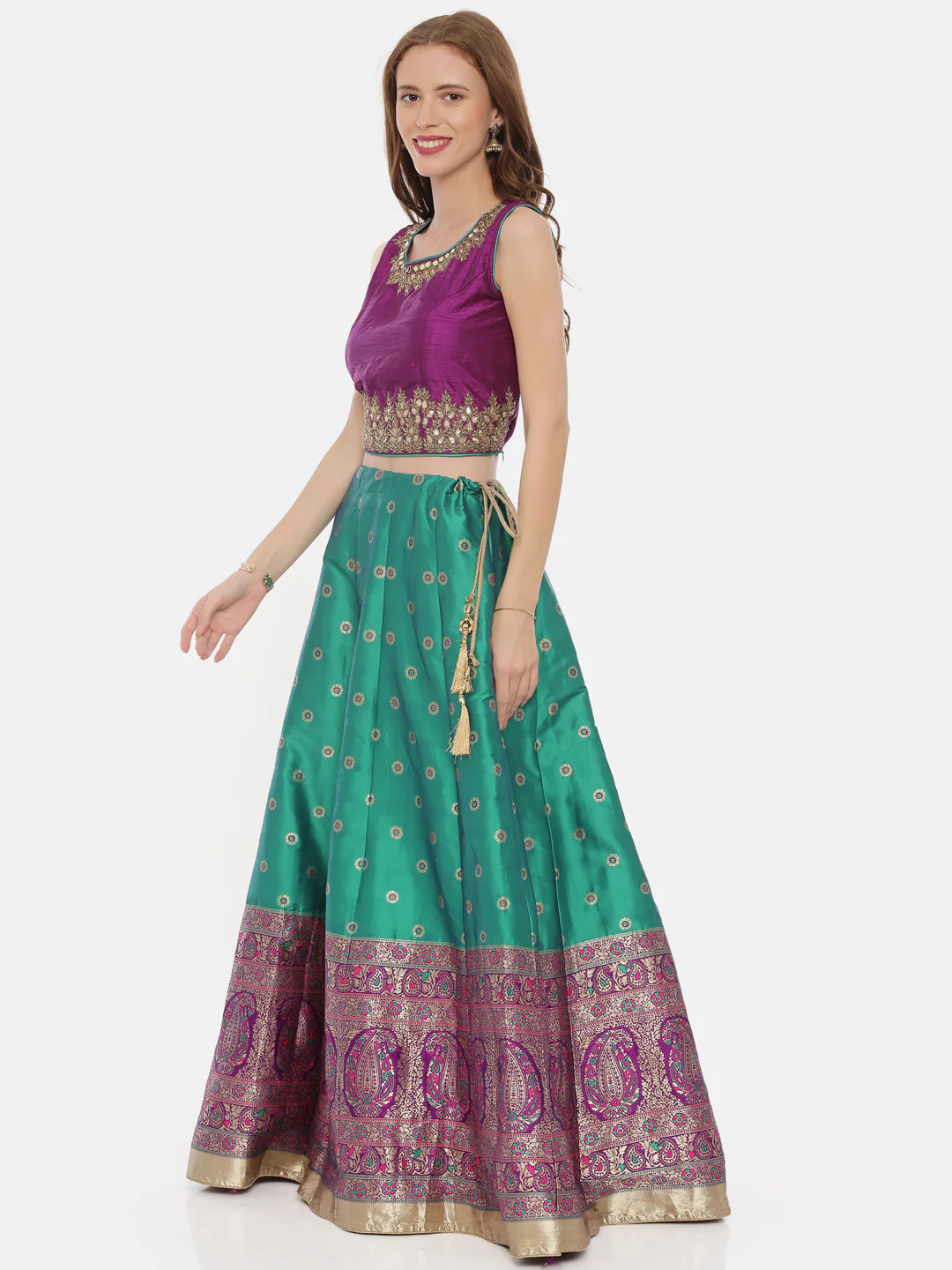Neerus Purple Green Color Banaras Fabric Ghagra Set - Image 3