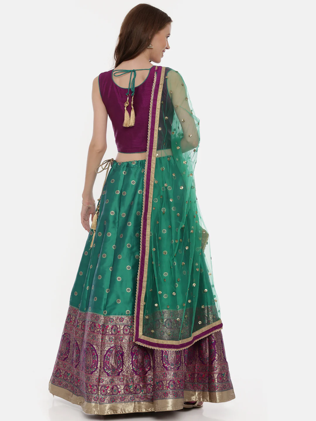Neerus Purple Green Color Banaras Fabric Ghagra Set - Image 5