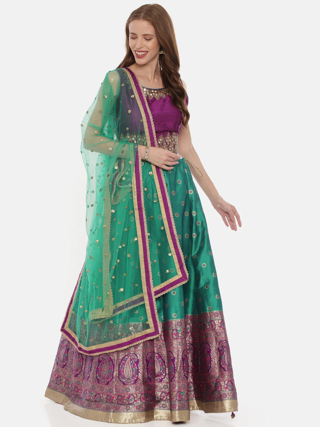 Neerus Purple Green Color Banaras Fabric Ghagra Set - Image 6