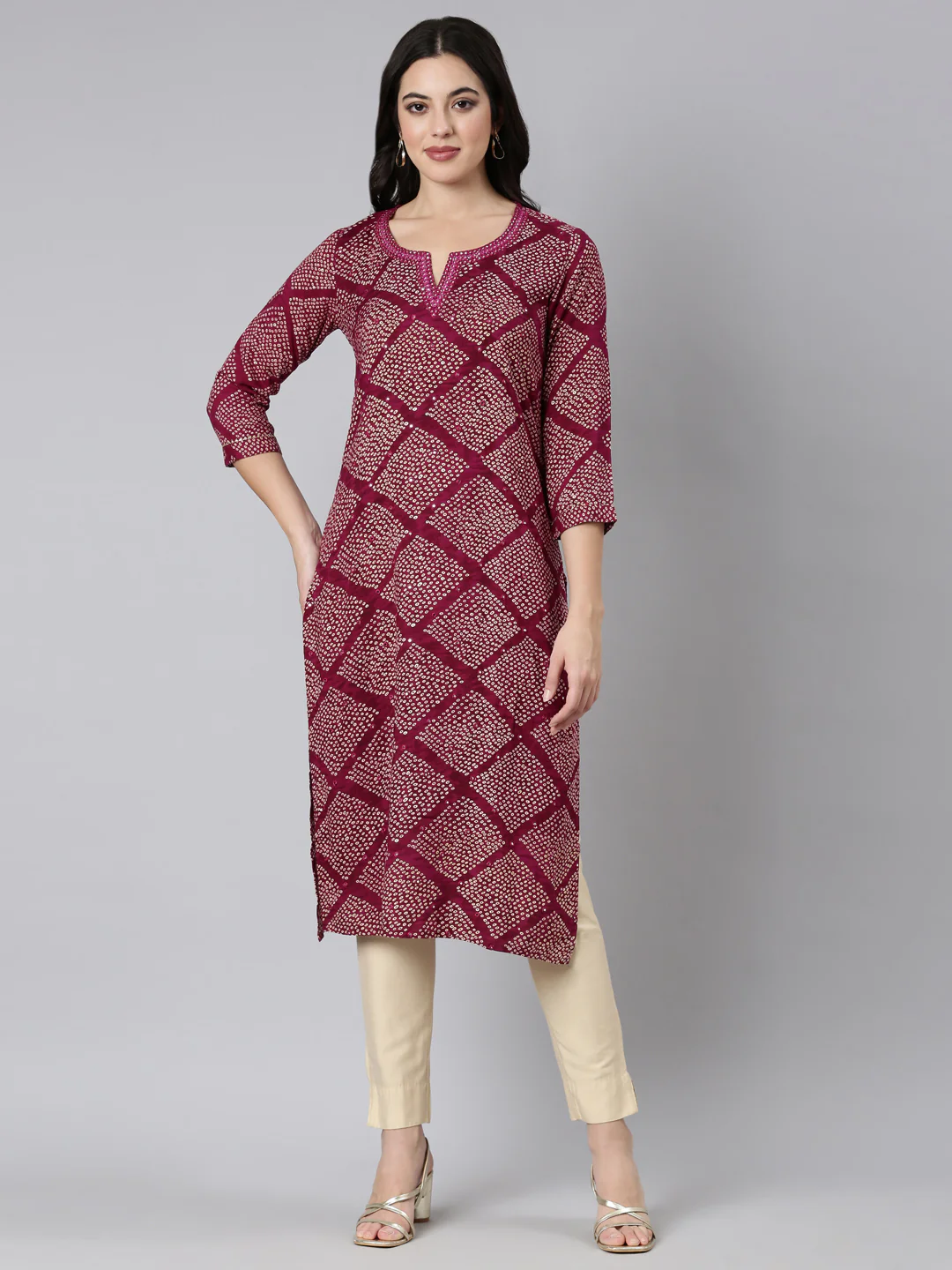 Neerus Purple Panelled Straight Bandhani Kurta
