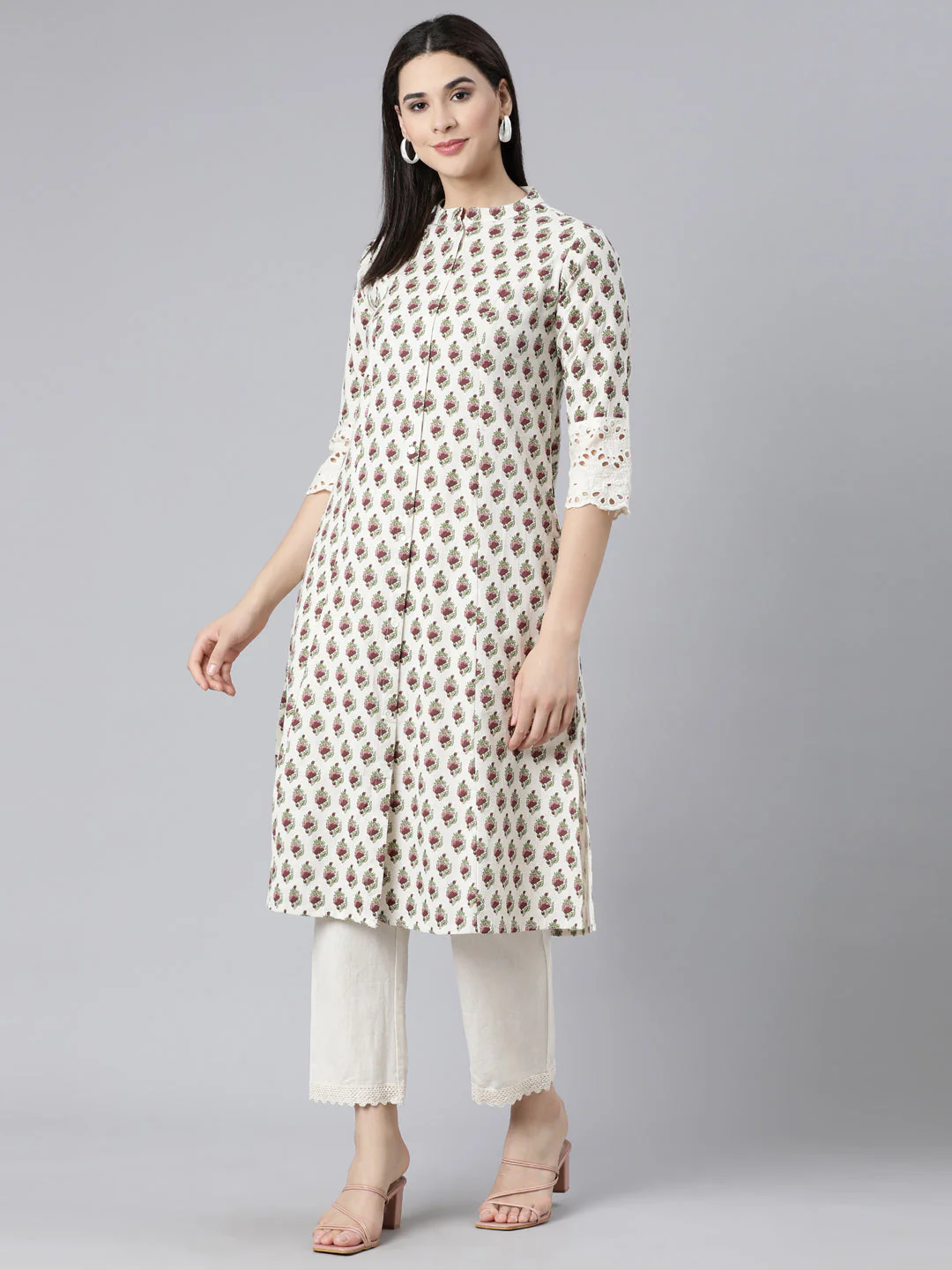 Neerus Purple Panelled Straight Printed Kurta And Trousers - Image 6