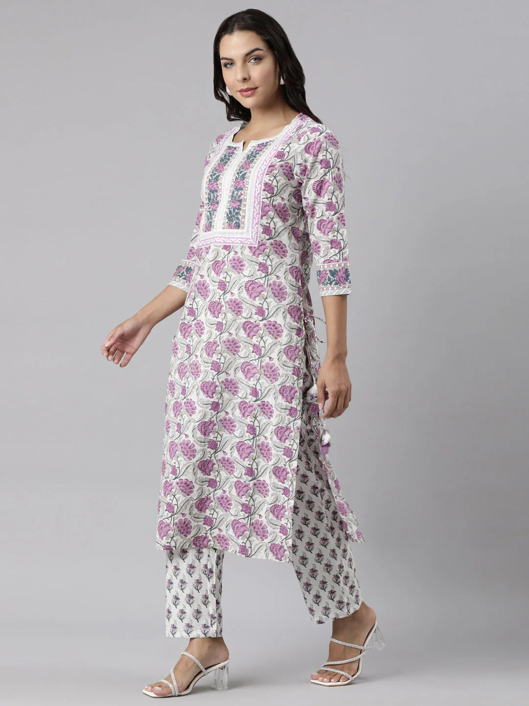 Neerus Purple Panelled Straight Printed Kurta And Trousers With Dupatta - Image 2