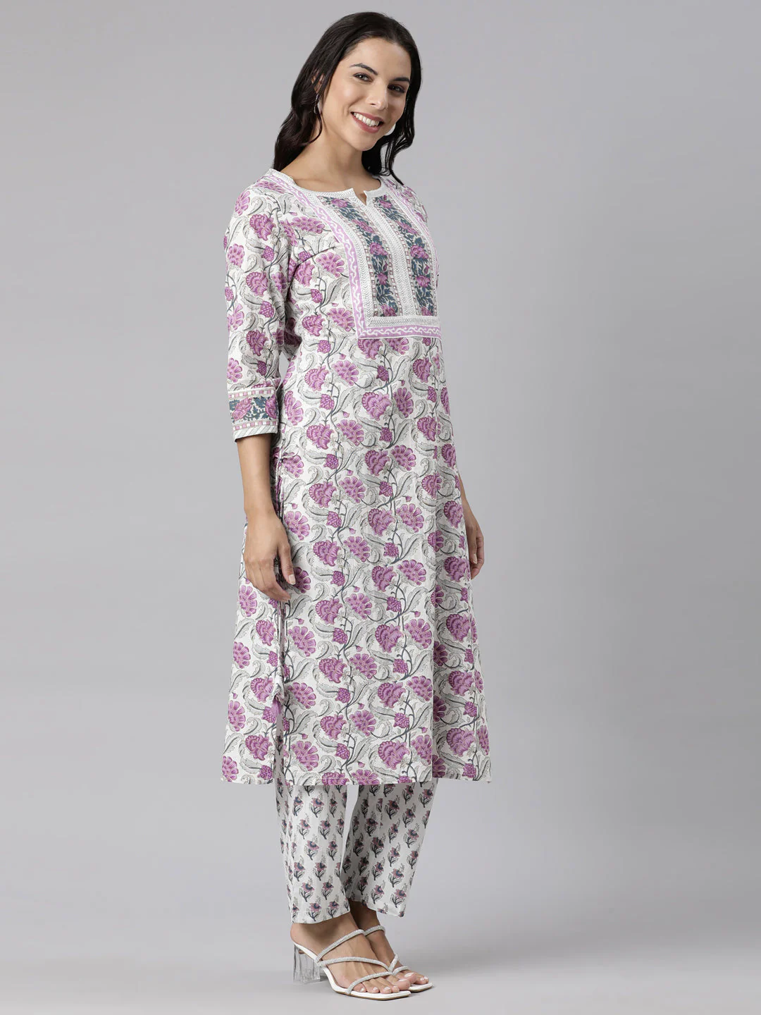 Neerus Purple Panelled Straight Printed Kurta And Trousers With Dupatta - Image 3