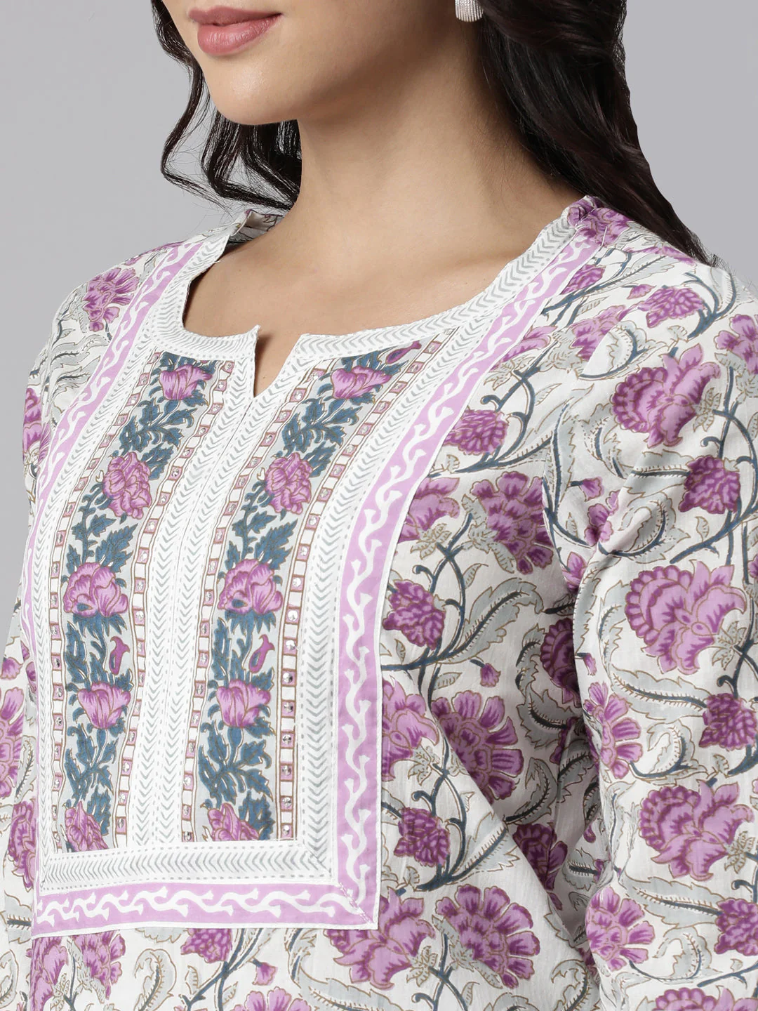 Neerus Purple Panelled Straight Printed Kurta And Trousers With Dupatta - Image 5