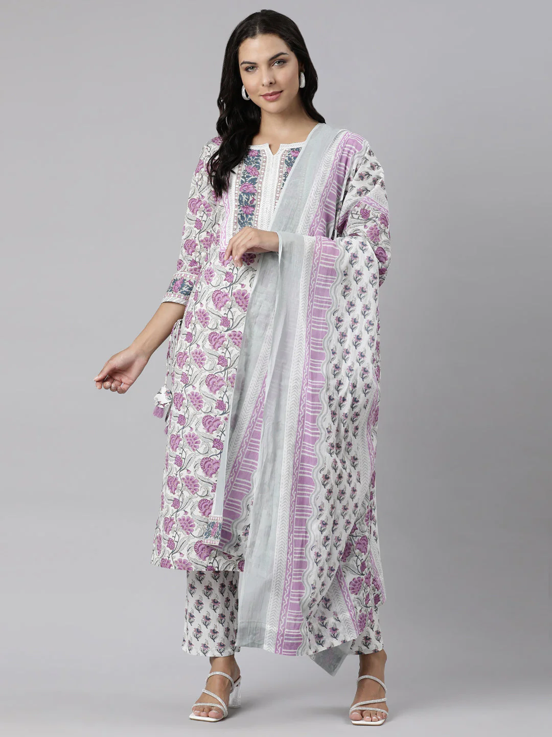Neerus Purple Panelled Straight Printed Kurta And Trousers With Dupatta - Image 6