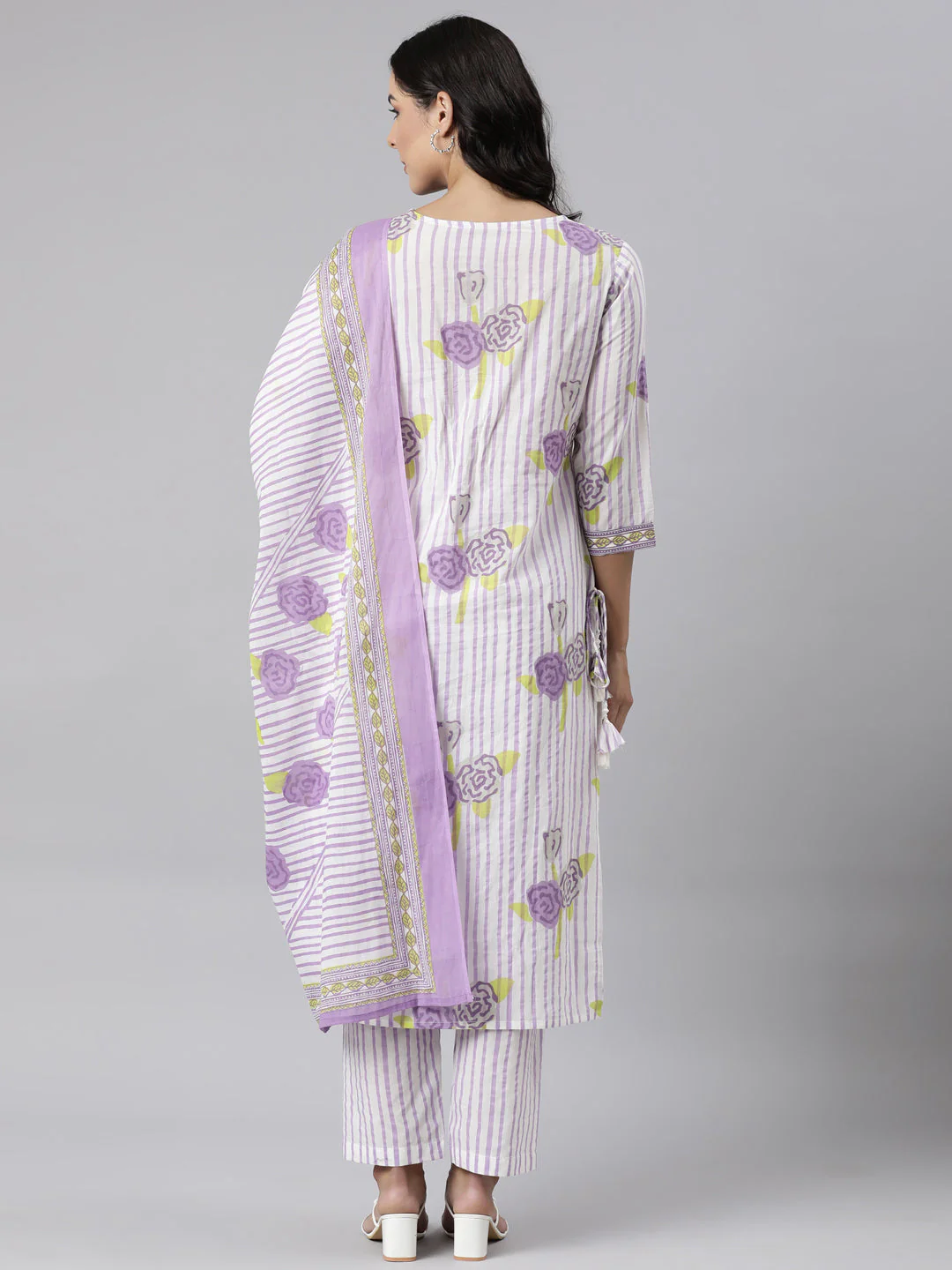 Neerus Purple Panelled Straight Printed Kurta And Trousers With Dupatta - Image 4