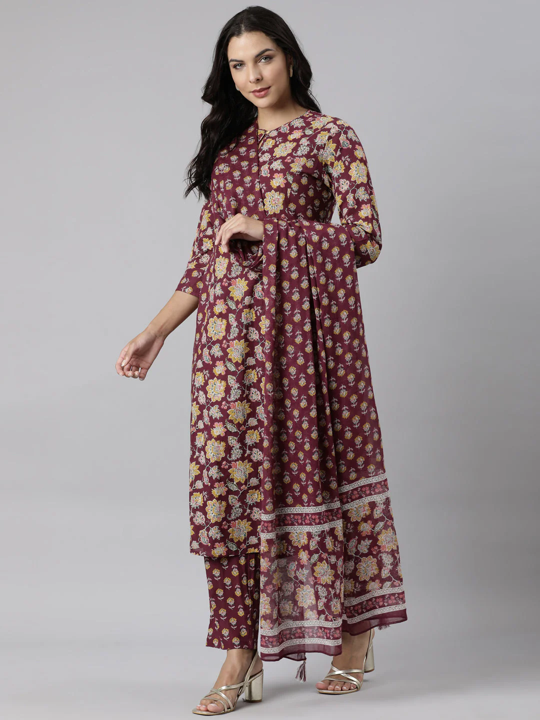 Neerus Purple Panelled Straight Printed Kurta And Trousers With Dupatta - Image 6