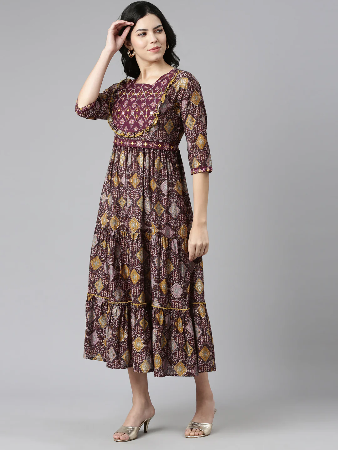 Neerus Purple Pleated Anarkali Printed Kurta - Image 2