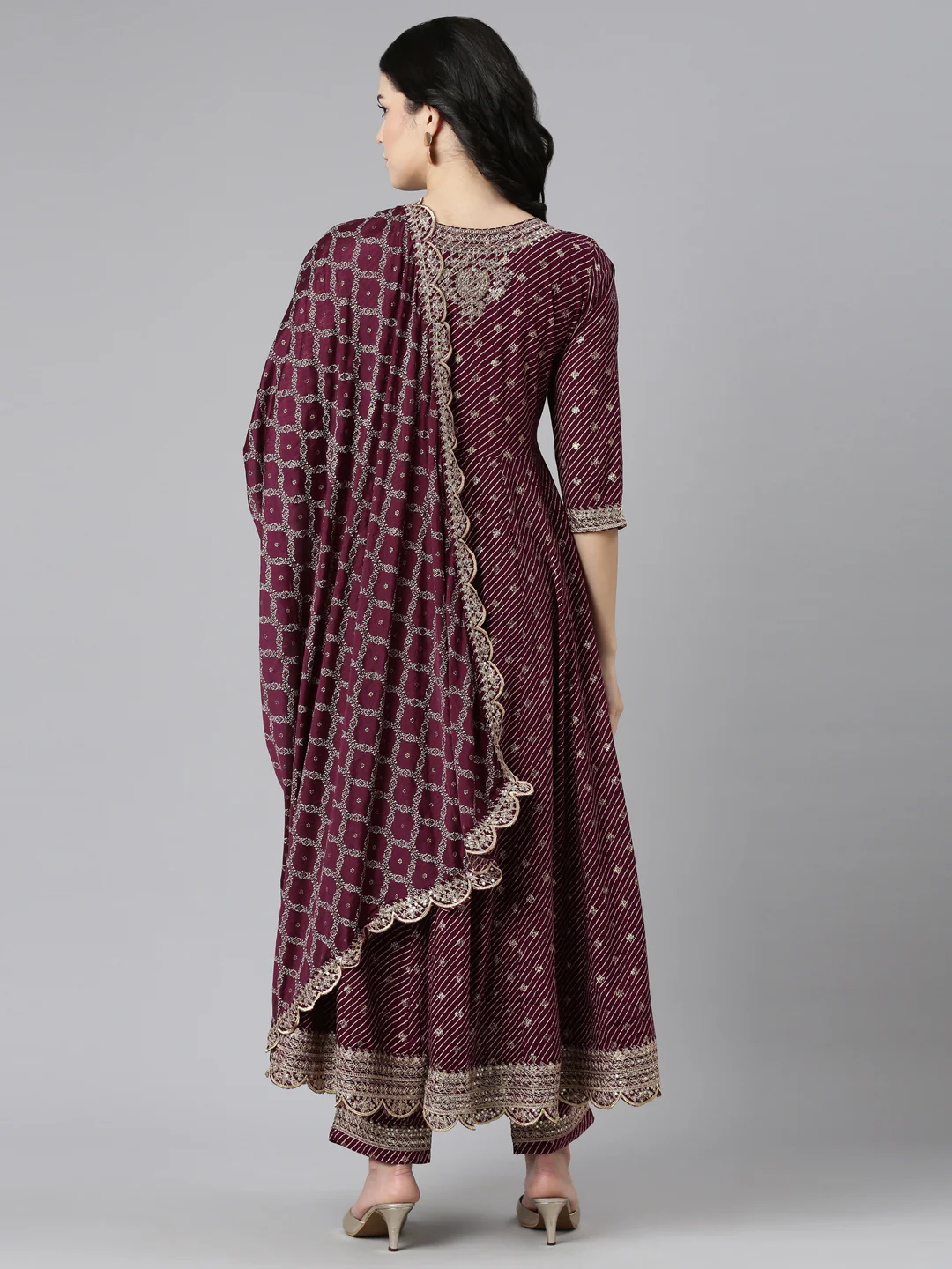 Neerus Purple Pleated Straight Embroidered Kurta And Trousers With Dupatta - Image 4