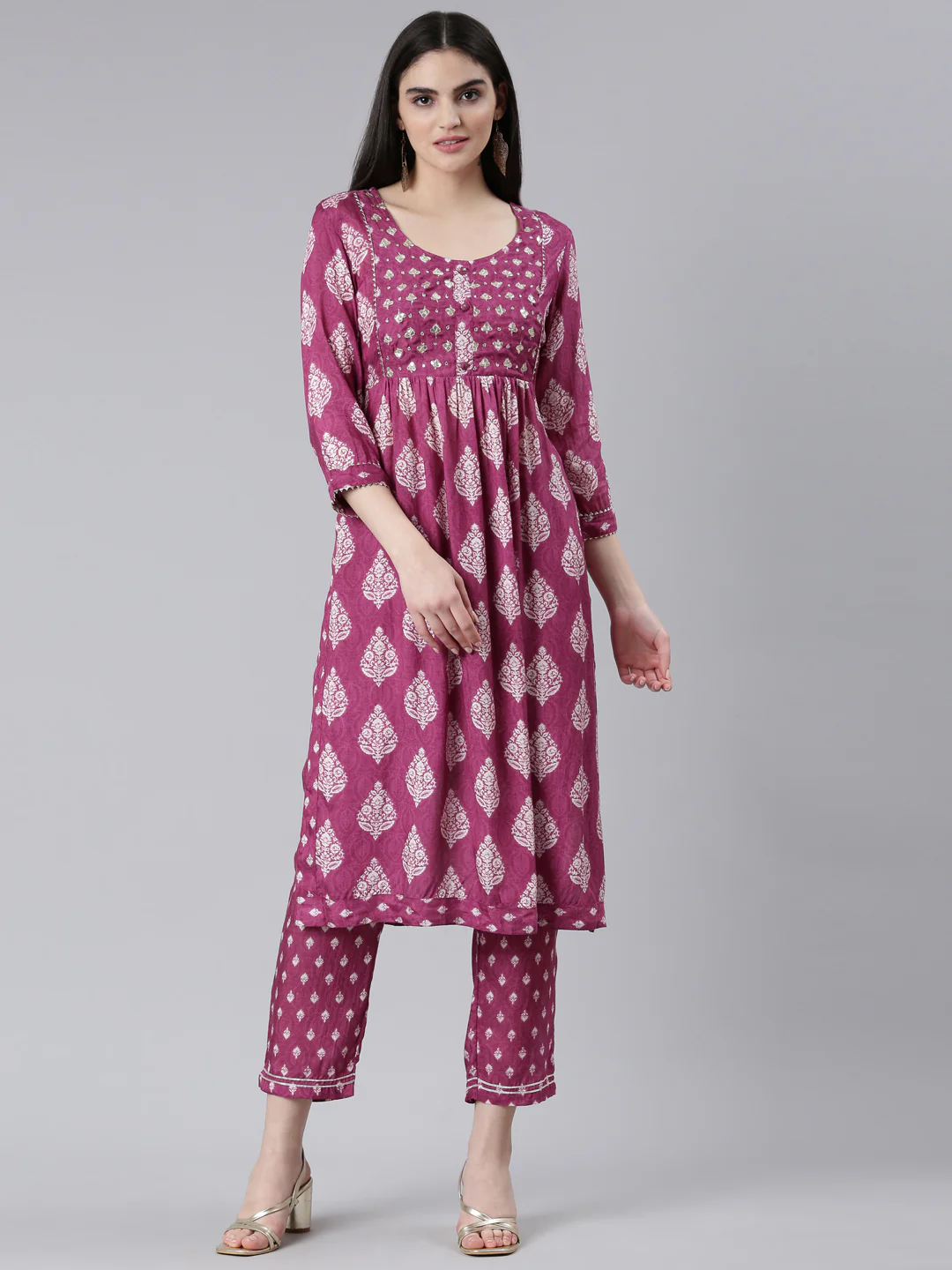 Neerus Purple Pleated Straight Printed Kurta And Trousers