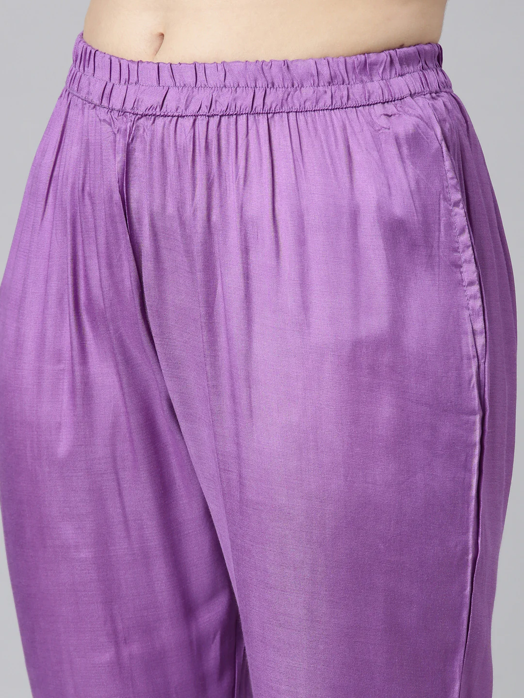 Neerus Purple Pleated Straight Printed Kurta And Trousers With Dupatta - Image 6