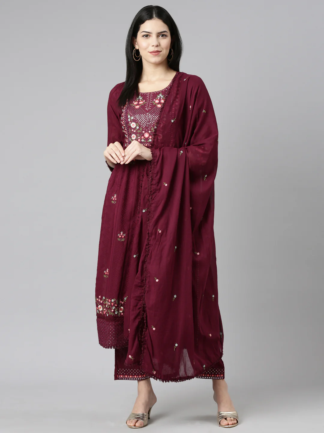 Neerus Purple Pleated Straight Printed Kurta And Trousers With Dupatta - Image 5