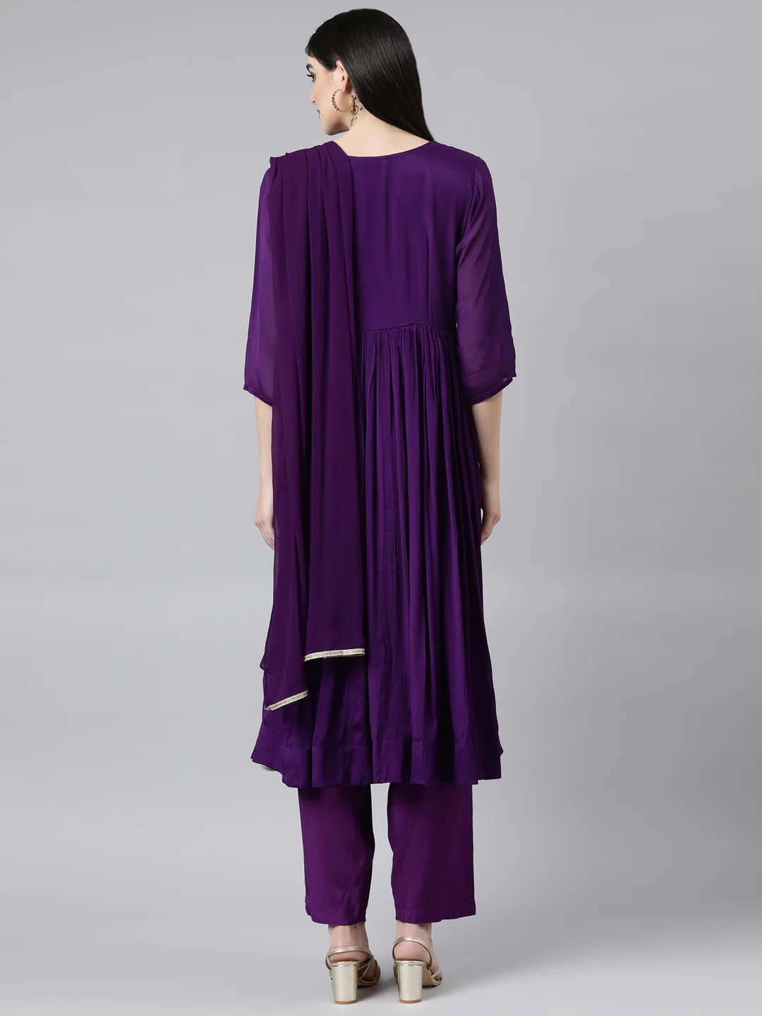 Neerus Purple Pleated Straight Solid Kurta And Trousers With Dupatta - Image 3