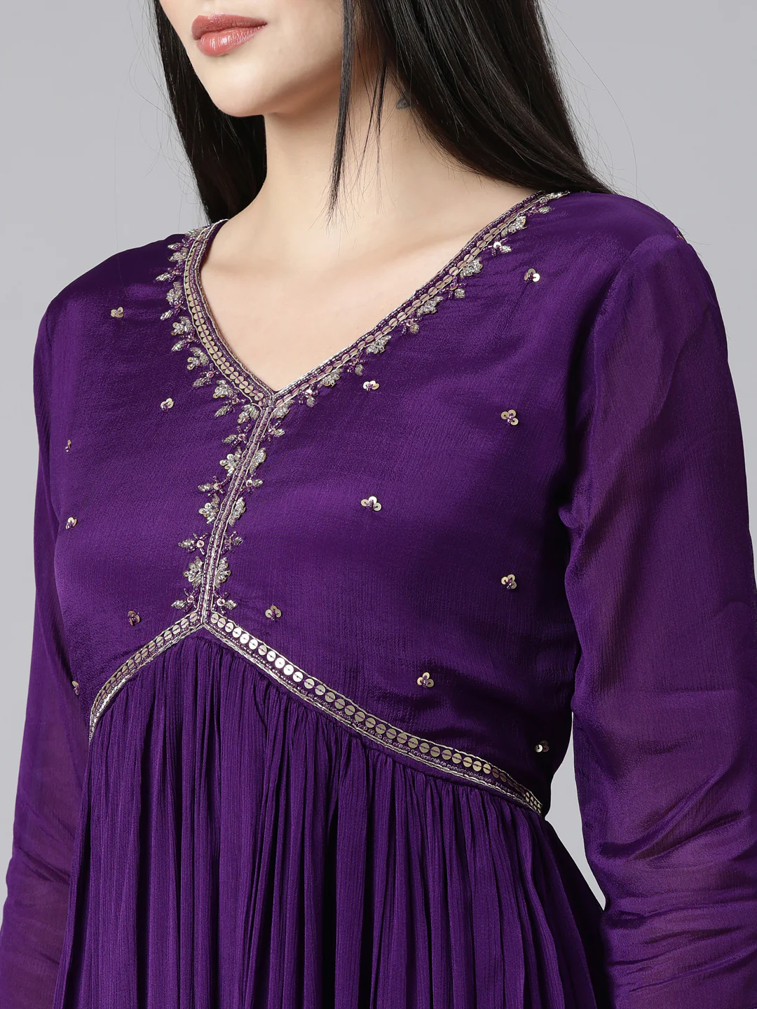 Neerus Purple Pleated Straight Solid Kurta And Trousers With Dupatta - Image 4