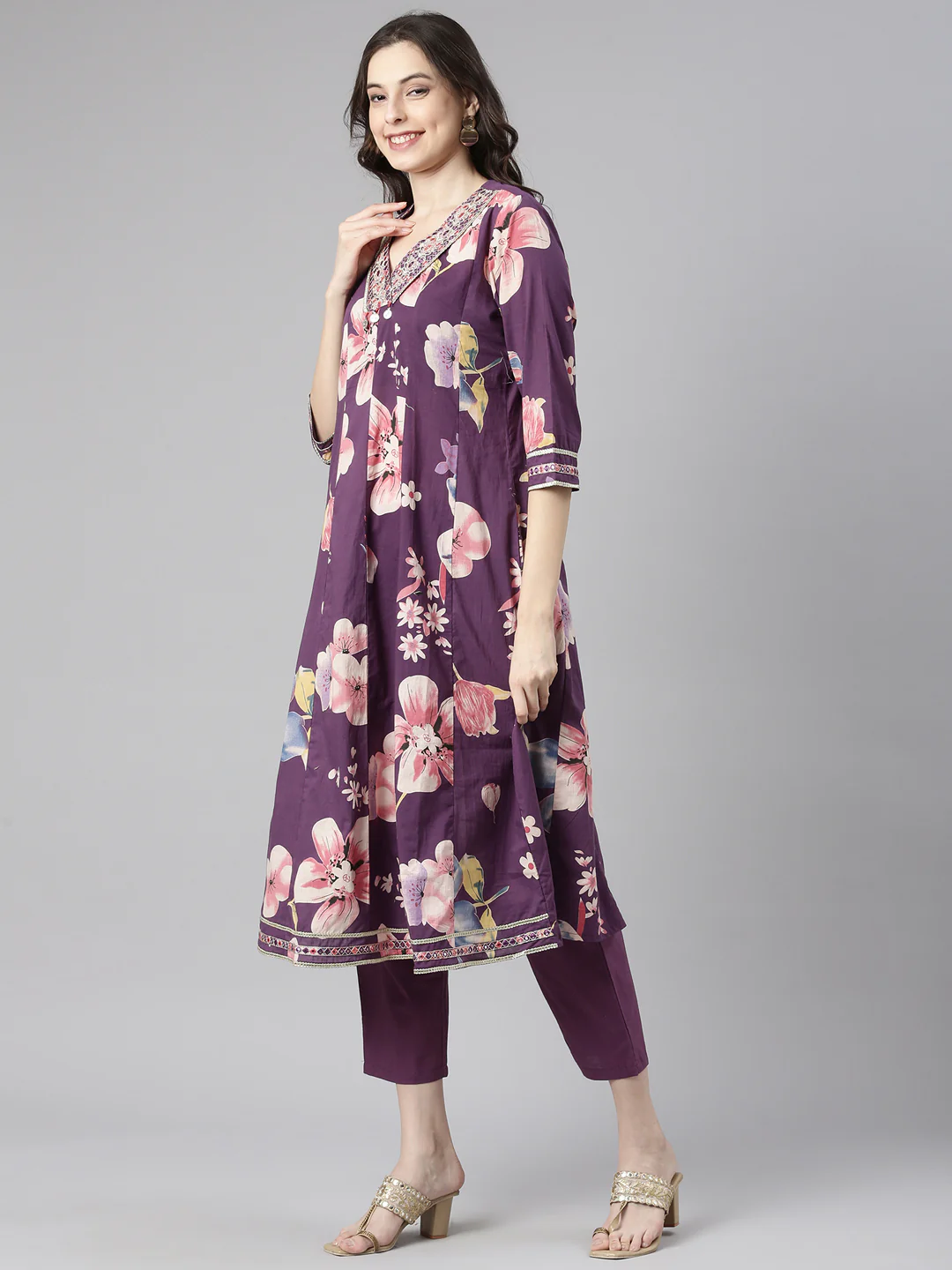 Neerus Purple Printed Anarkali Kurta and Trousers With Dupatta - Image 2
