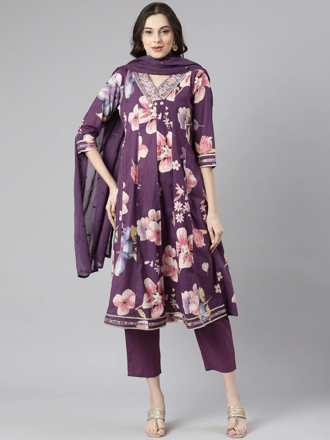 Neerus Purple Printed Anarkali Kurta and Trousers With Dupatta - Image 5