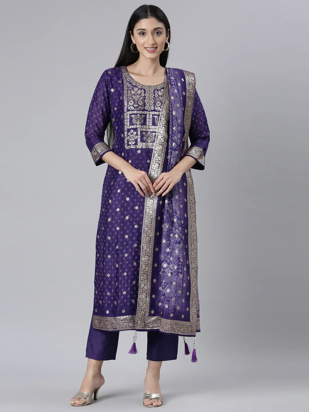 Neerus Purple Printed Straight Kurta and Trousers With Dupatta