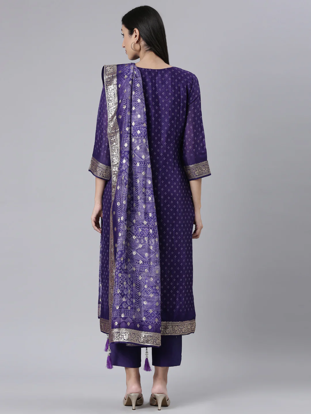 Neerus Purple Printed Straight Kurta and Trousers With Dupatta - Image 3