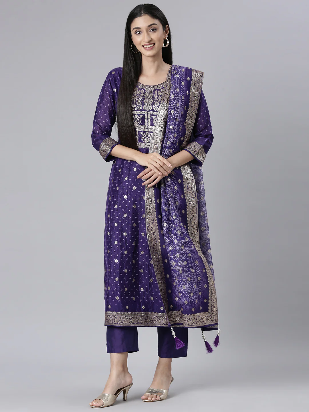 Neerus Purple Printed Straight Kurta and Trousers With Dupatta - Image 5