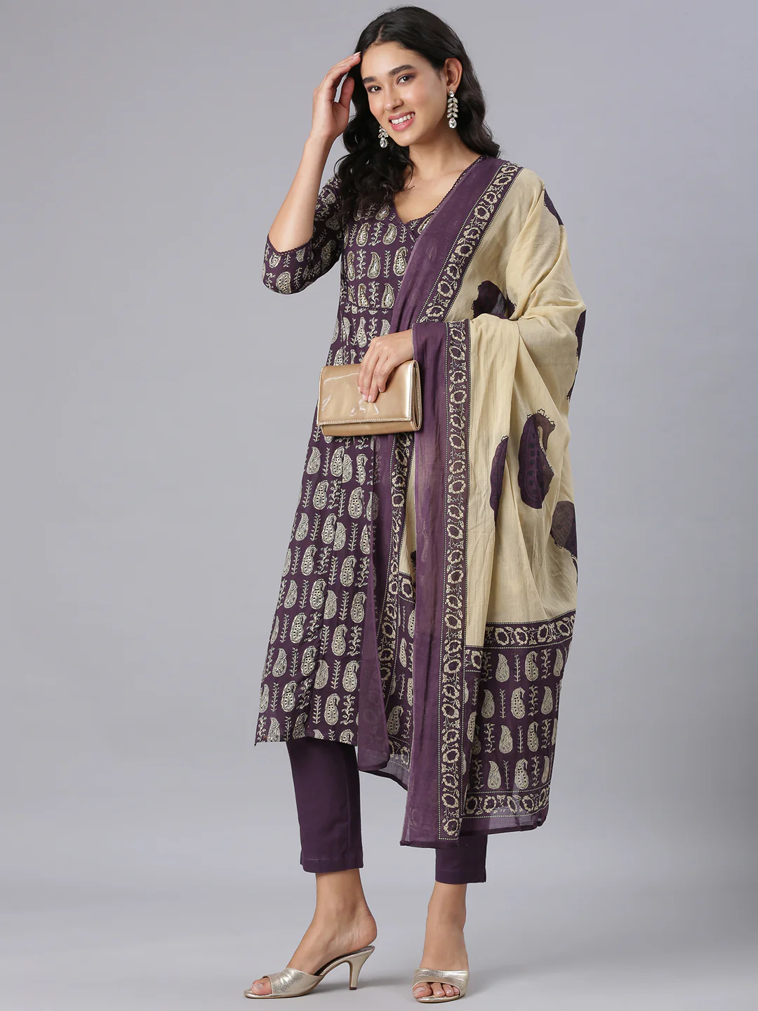 Neerus Purple Printed Straight Kurta And Trousers With Dupatta - Image 5