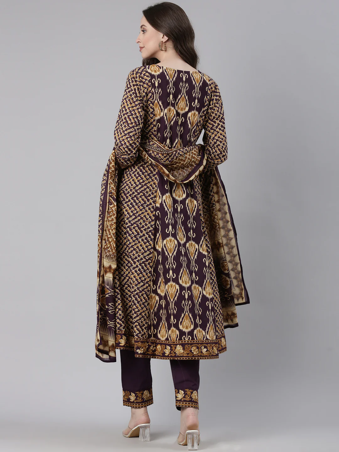 Neerus Purple Printed Straight Kurta and Trousers With Dupatta - Image 3