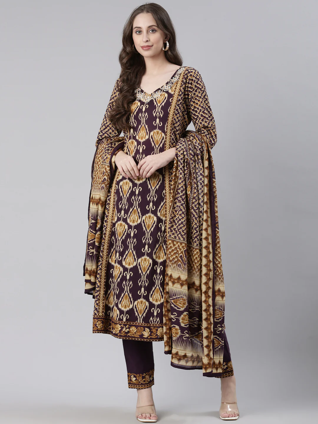 Neerus Purple Printed Straight Kurta and Trousers With Dupatta - Image 5