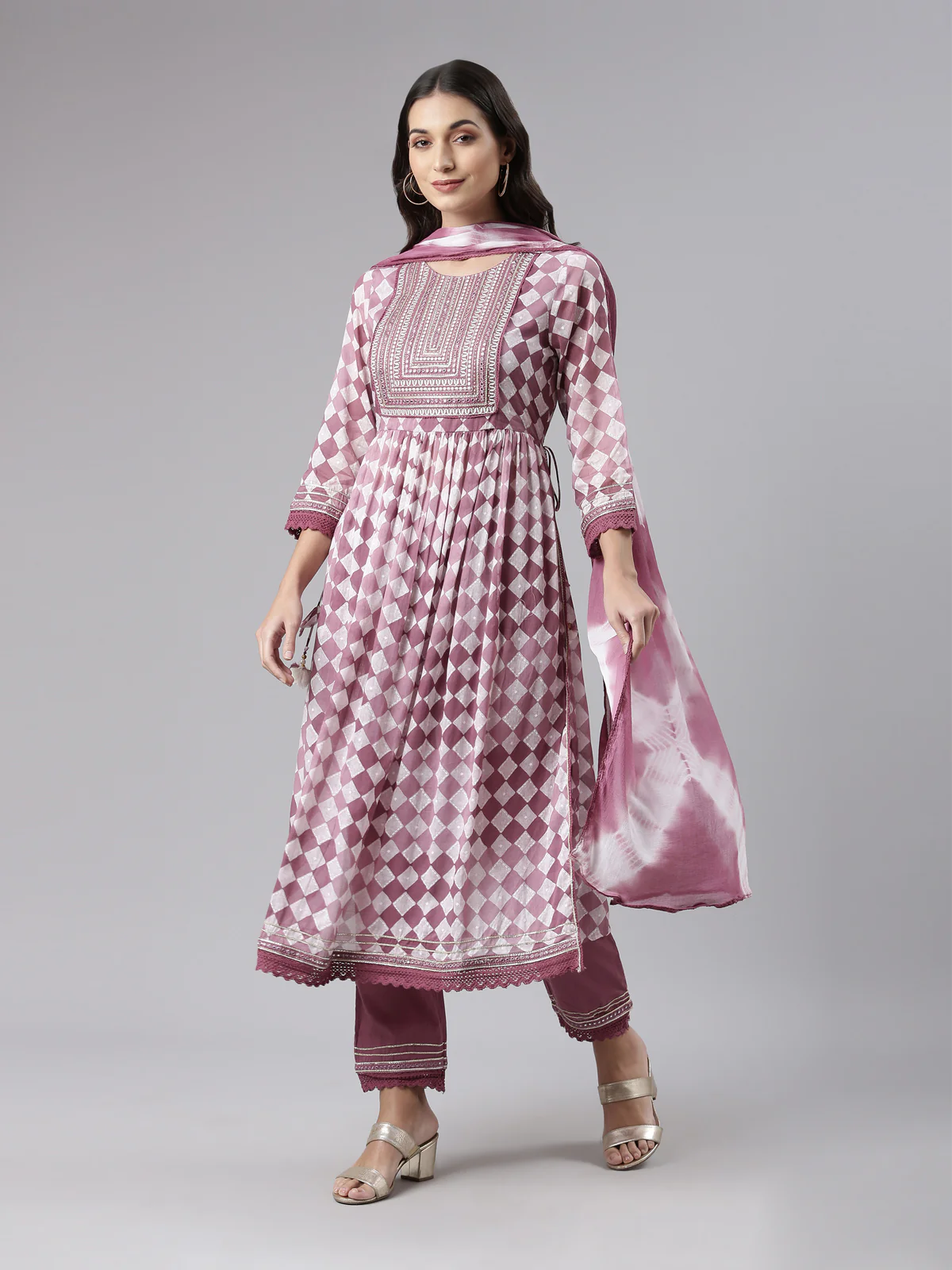 Neerus Purple Regular Calf Length Embroidered Kurta Solid Palazzos With Dupatta
