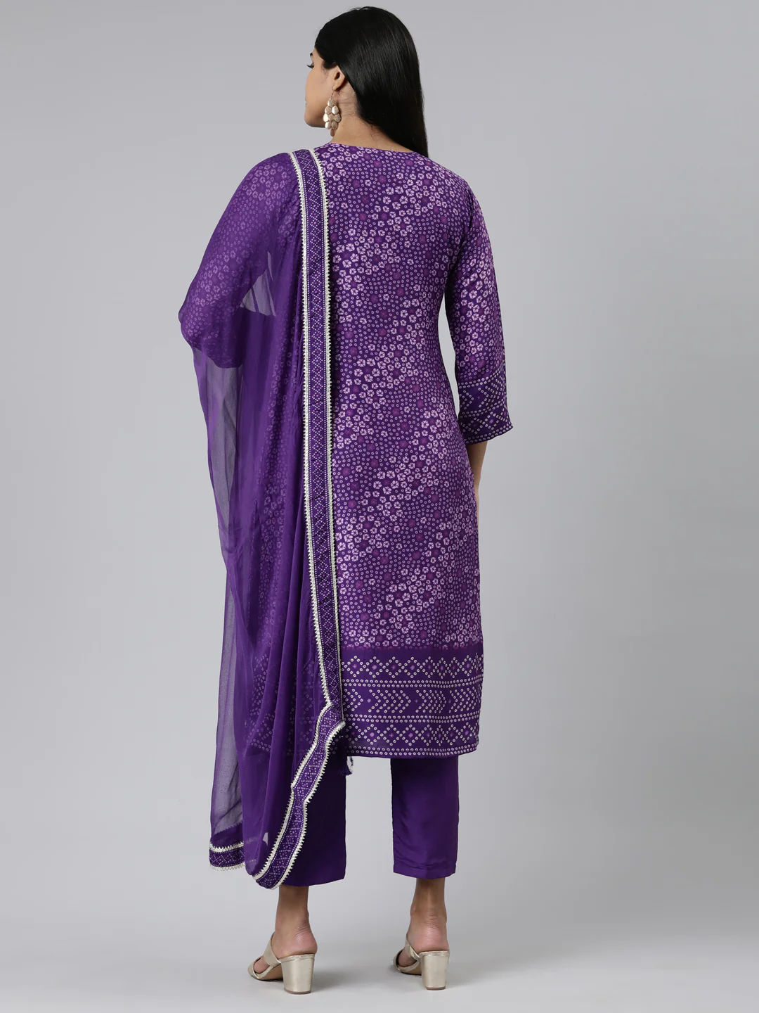 Neerus Purple Regular Calf Length Printed Kurta Solid Trousers With Dupatta - Image 3