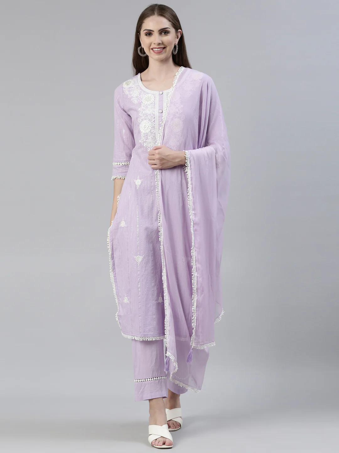 Neerus Purple Regular Knee Length Embroidered Kurta Solid Trousers With Dupatta