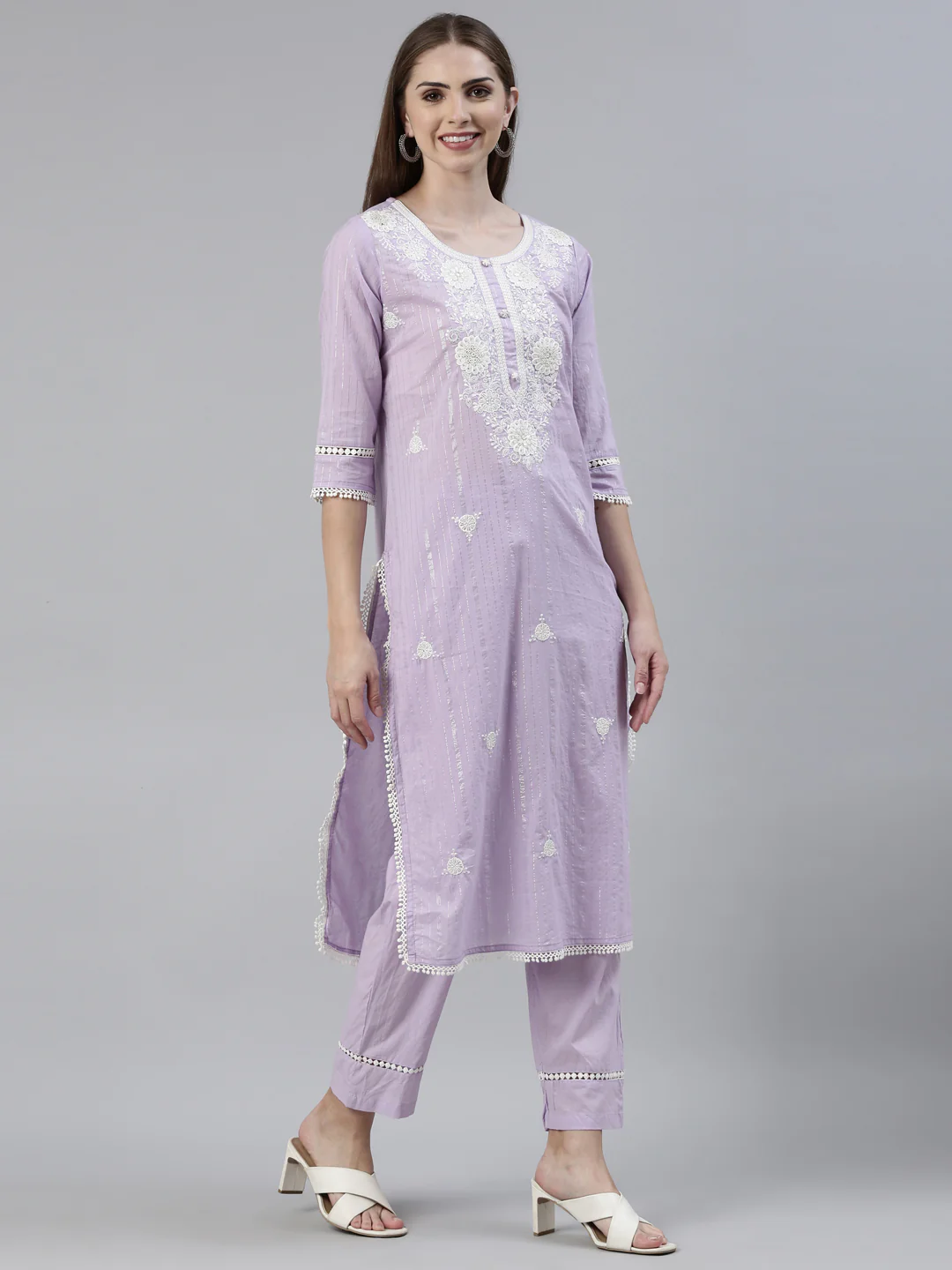 Neerus Purple Regular Knee Length Embroidered Kurta Solid Trousers With Dupatta - Image 2