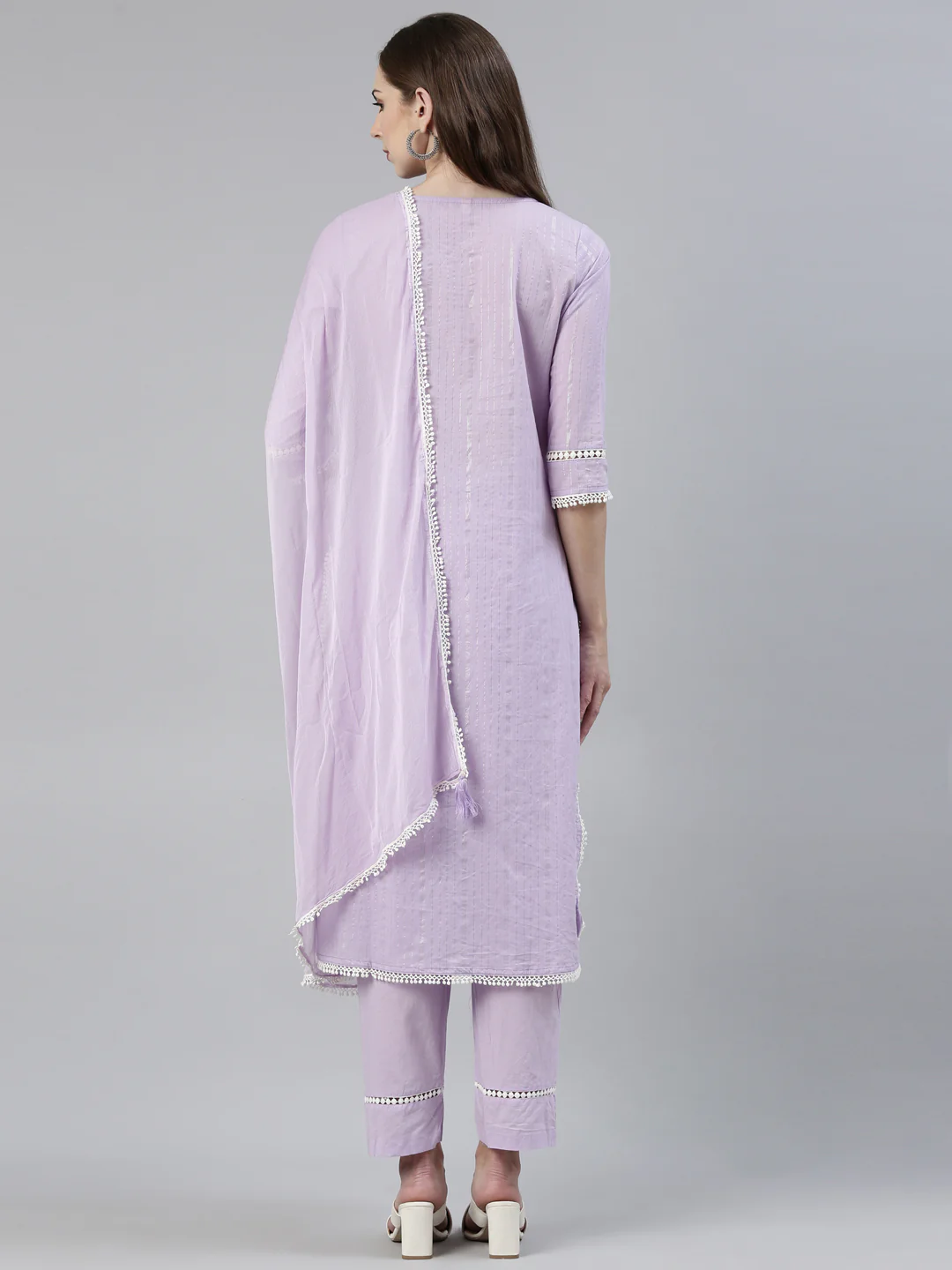 Neerus Purple Regular Knee Length Embroidered Kurta Solid Trousers With Dupatta - Image 3