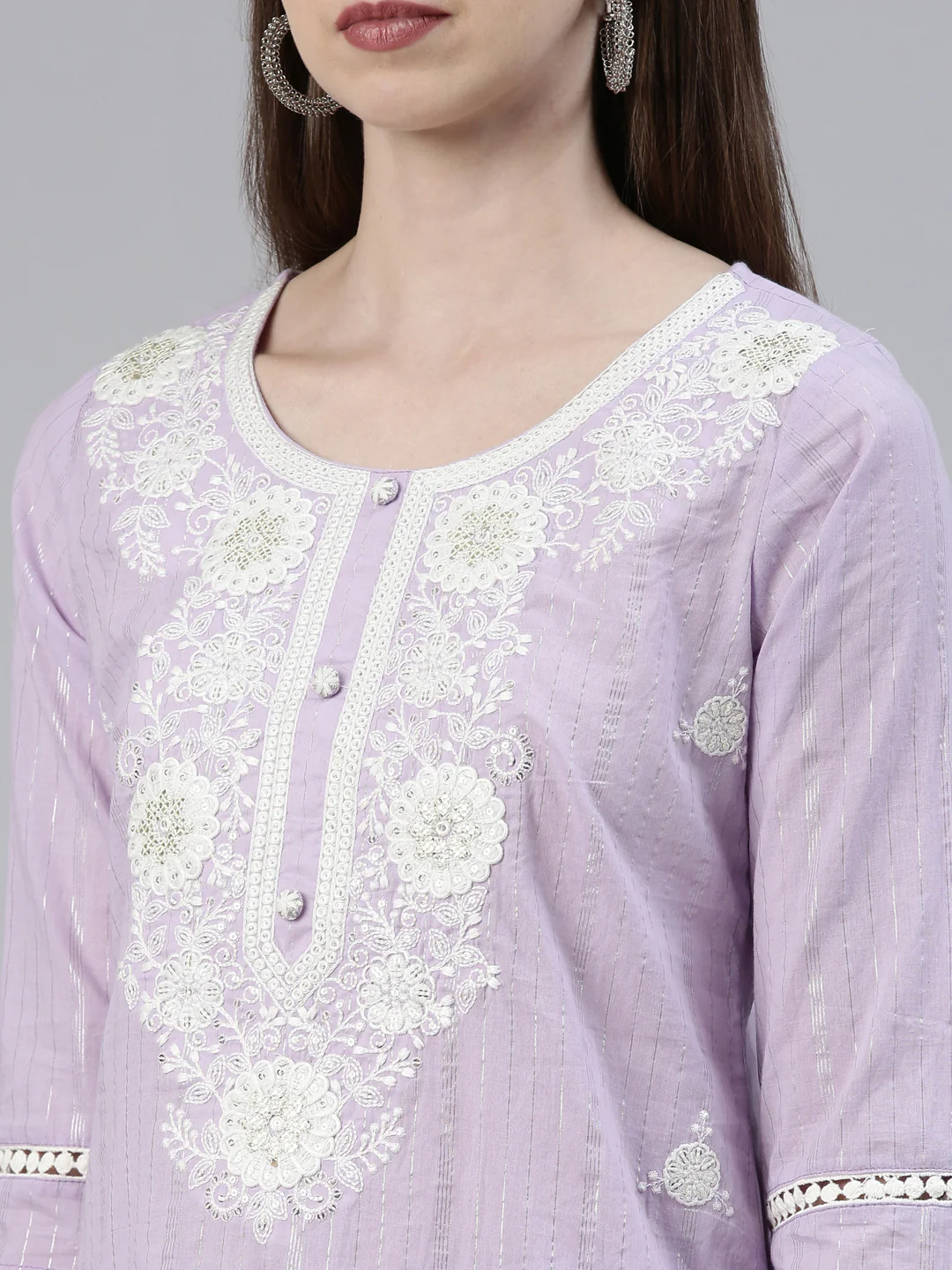 Neerus Purple Regular Knee Length Embroidered Kurta Solid Trousers With Dupatta - Image 4