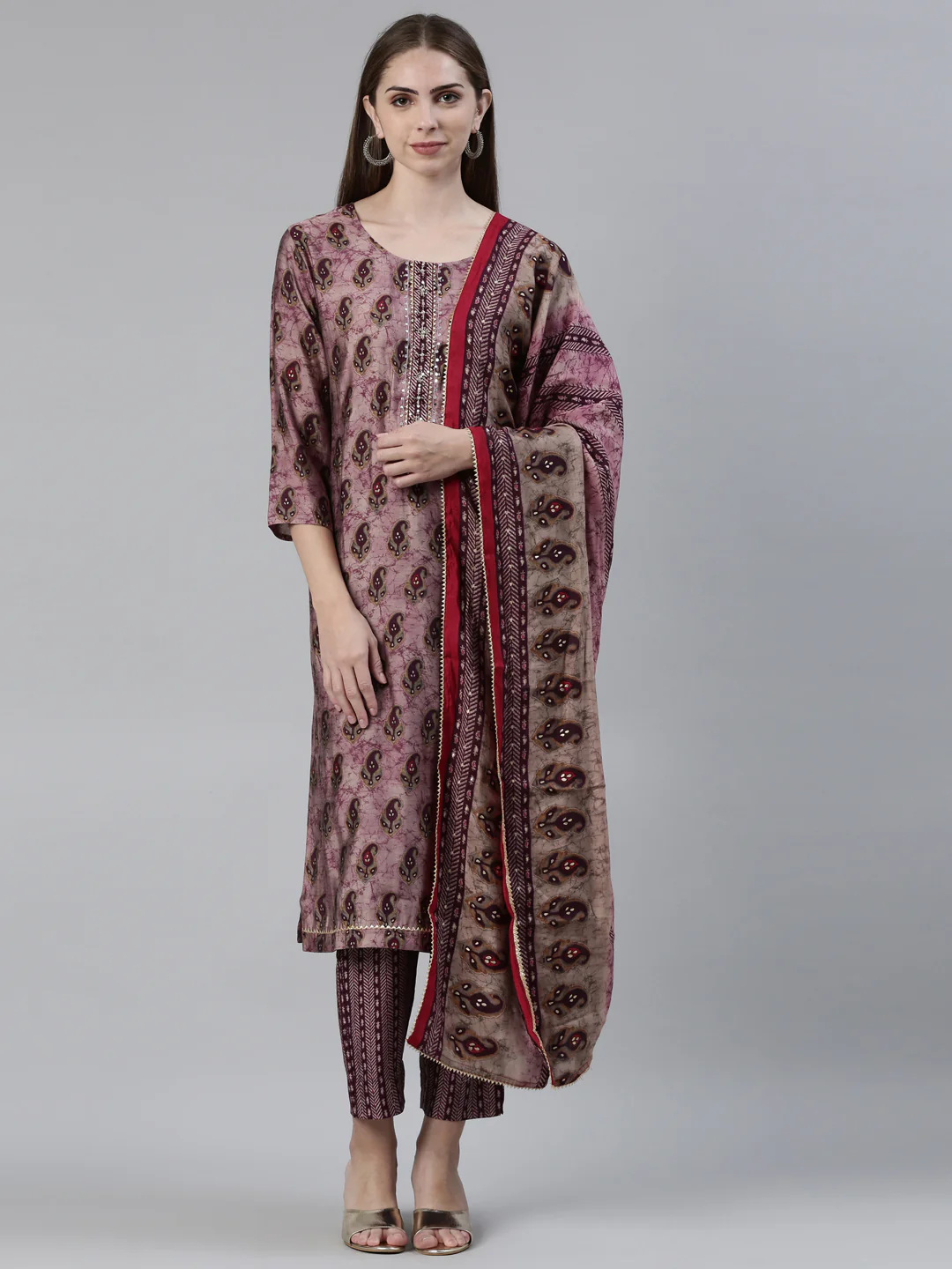Neerus Purple Regular Knee Length Printed Kurta Printed Trousers With Dupatta