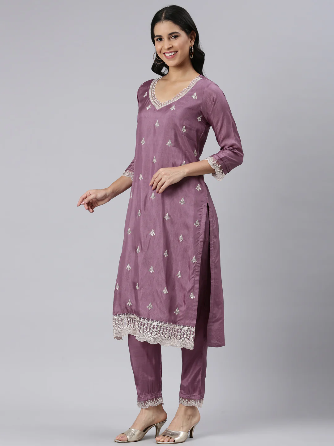 Neerus Purple Regular Straight Embroidered Kurta and Trousers With Dupatta - Image 2