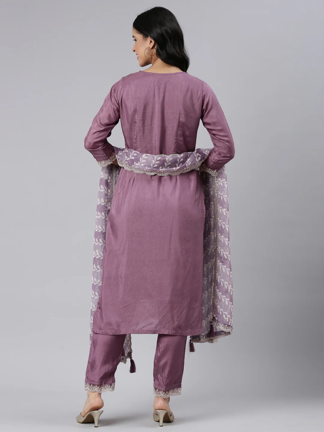 Neerus Purple Regular Straight Embroidered Kurta and Trousers With Dupatta - Image 3