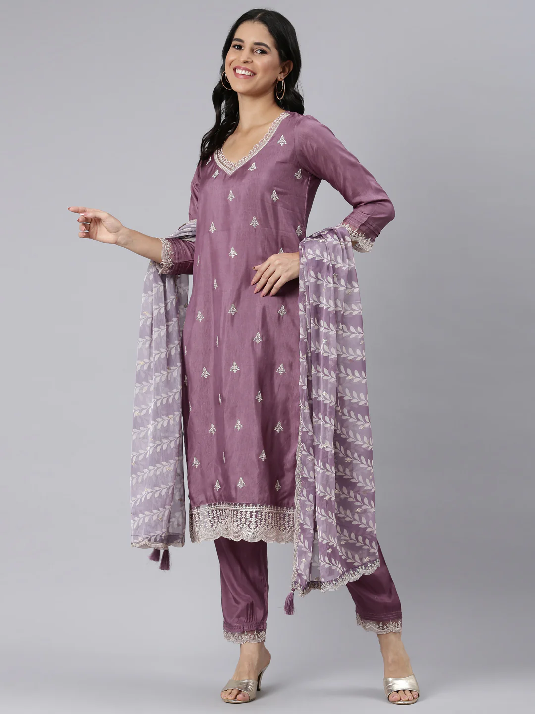 Neerus Purple Regular Straight Embroidered Kurta and Trousers With Dupatta - Image 5
