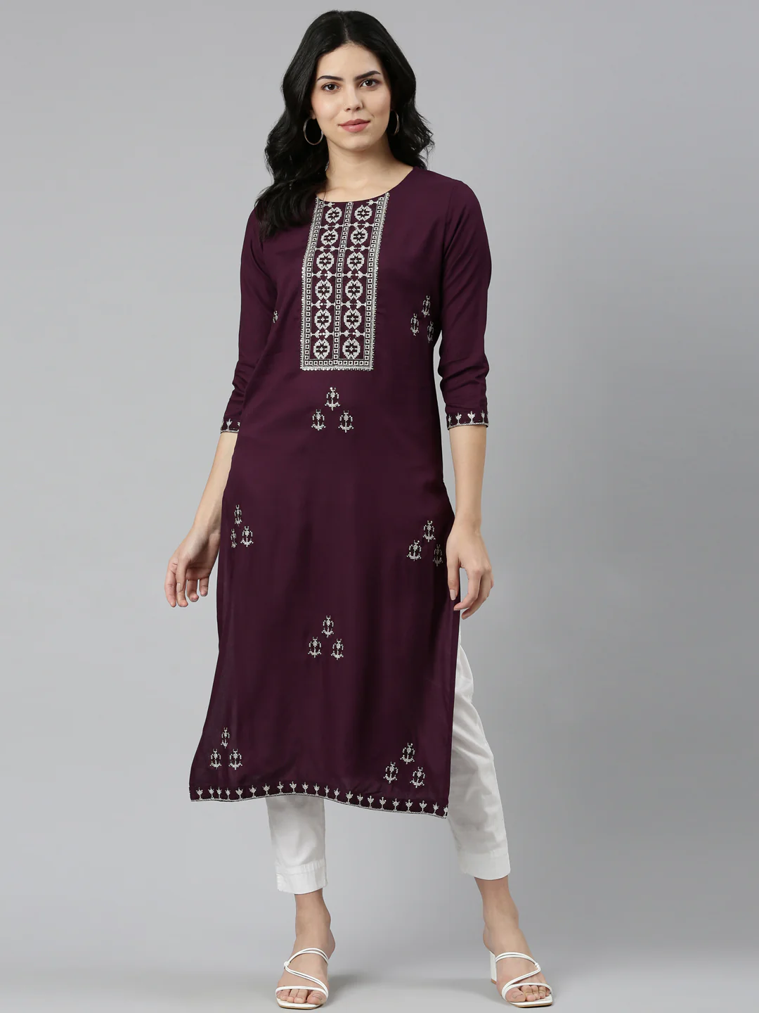Neerus Purple Regular Straight Embroidered Kurta - Image 5