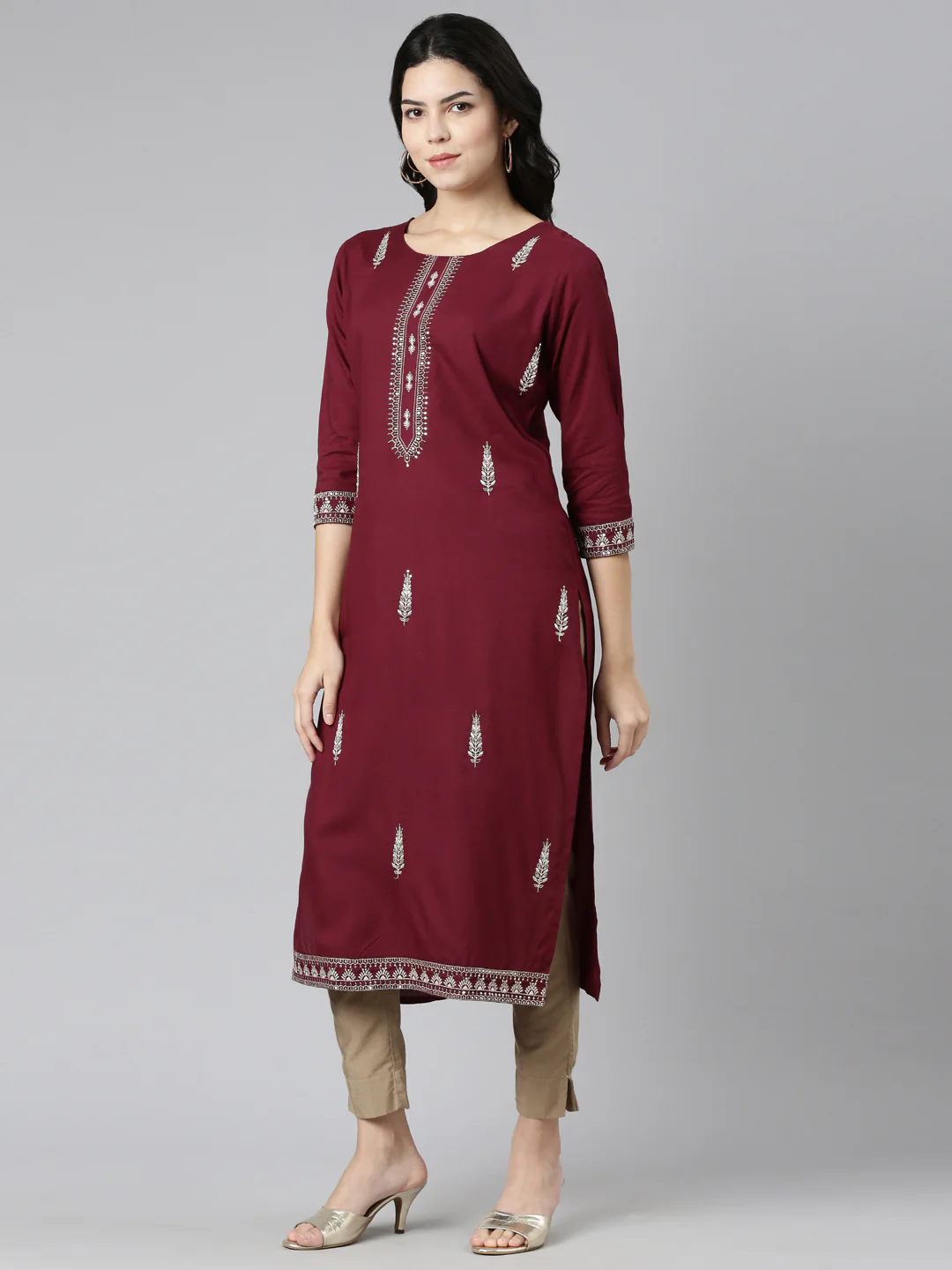 Neerus Purple Regular Straight Embroidered Kurta - Image 2