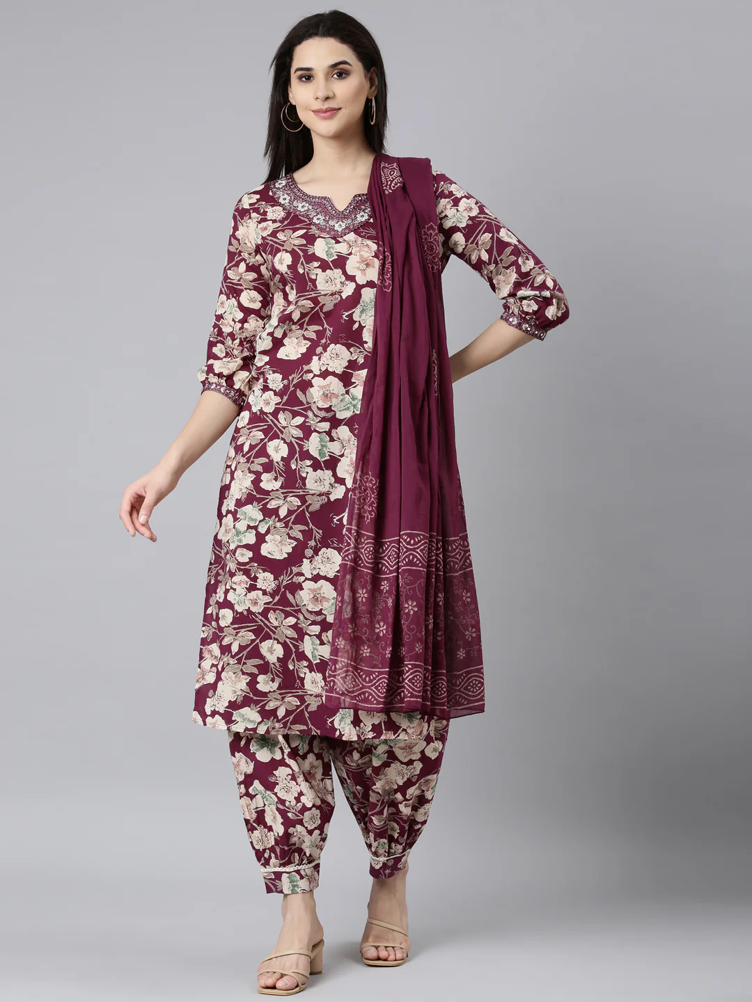 Neerus Purple Regular Straight Floral Kurta And Salwar With Dupatta